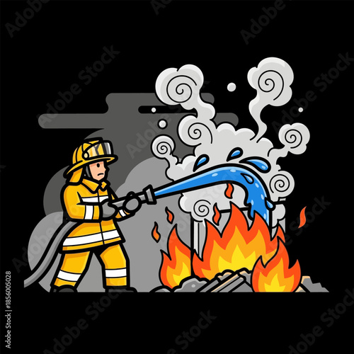 Firefighter battling a blaze, spraying water from a hose onto flames and smoke engulfing a structure