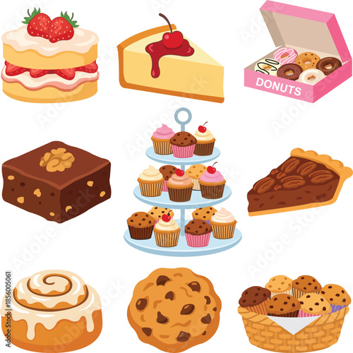 Assorted Desserts Collection Featuring Cakes, Cupcakes, Donuts, Cookies, Brownies and Pie for Bakery, Food and Celebration Use