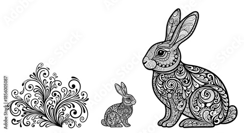 Two rabbits decorated with intricate zentangle style floral patterns stand next to a swirling ornamental design element in black.