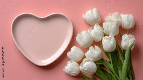 A heart shaped plate with white flowers on it. The flowers are arranged in a way that they look like they are surrounding the heart. Concept of love and affection