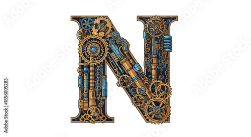 Elaborate steampunk letter n crafted with complex brass gears, metallic pipes, chains, and industrial machinery parts on a white background.
