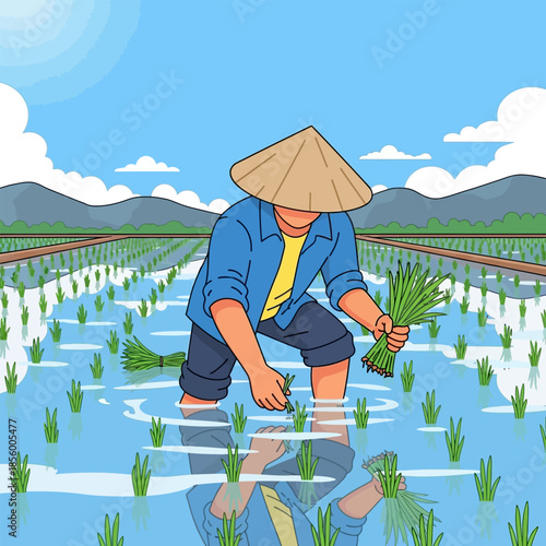 Rice farmer planting seedlings in a flooded paddy field under a clear blue sky, cultural farming scene