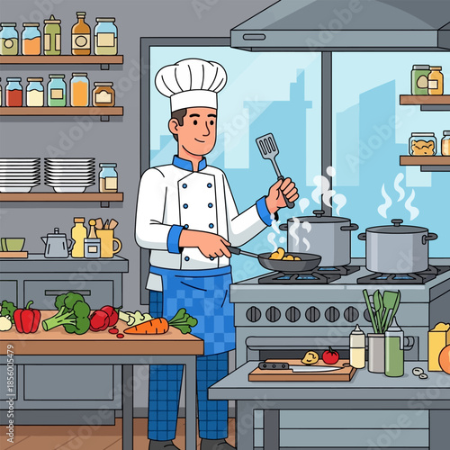 A cheerful male chef in a white uniform and hat is cooking in a professional kitchen, preparing food on a stovetop with pans and pots, surrounded by fresh ingredients and kitchenware