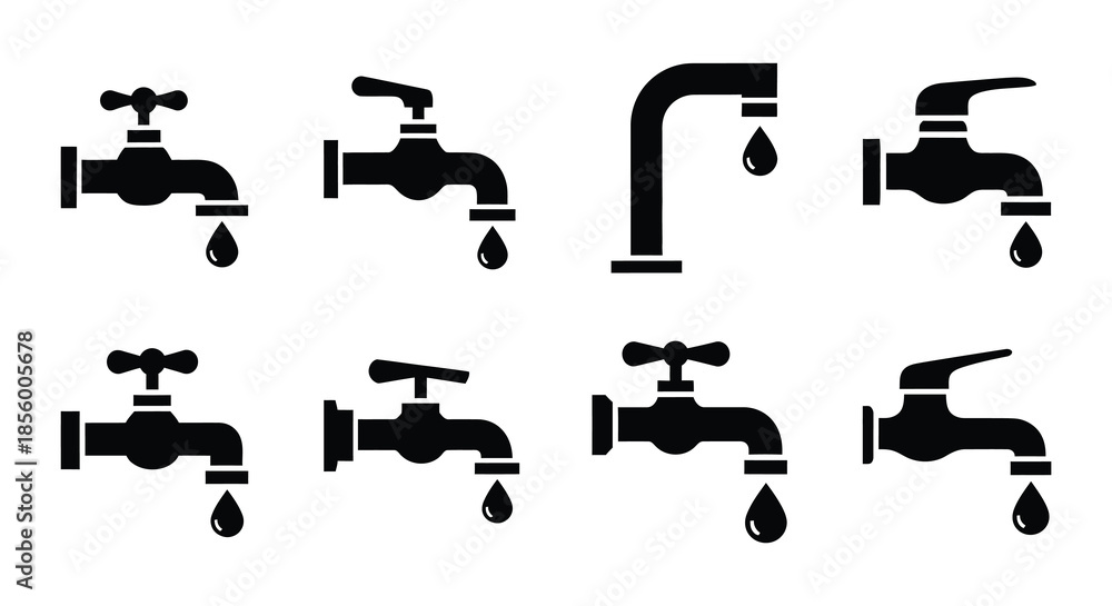 Εκτύπωση καμβά Collection of black silhouette water taps with dripping water droplets