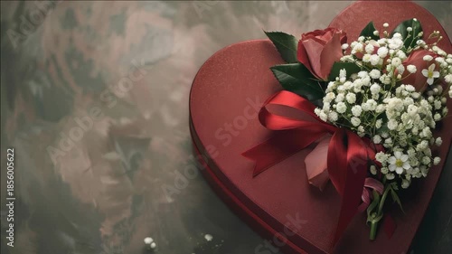 Heart-shaped gift box adorned with a flower bouquet and red ribbon. Perfect for Valentine's Day or as a romantic gesture.
