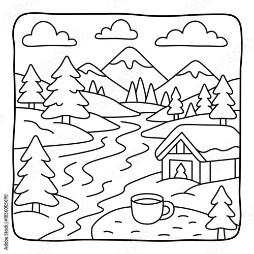 Cozy Winter Landscape with Cabin, Mountains and Hot Drink, Cute Coloring Page Illustration