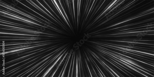 An artistic black and white fractal burst design features energetic light lines and a star explosion motion to create a digital wallpaper backdrop with a high-speed tunnel glow texture
