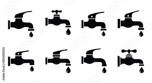 Collection of black silhouette water taps with dripping water droplets
