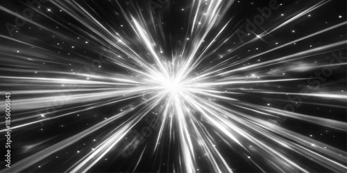 Bright blue energy burst and glowing laser rays flash across a cosmic galaxy background with shining stars and a powerful light explosion in the deep night sky