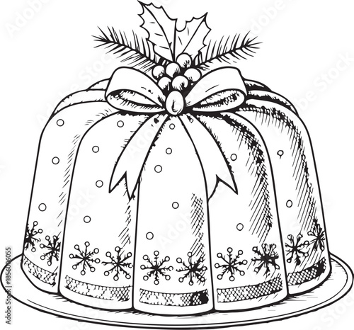 Christmas Panettone Hand-drawn Sketch Drawing Vector Illustration, Line Linear Symbol Engraving Coloring Book, Black and White Isolated