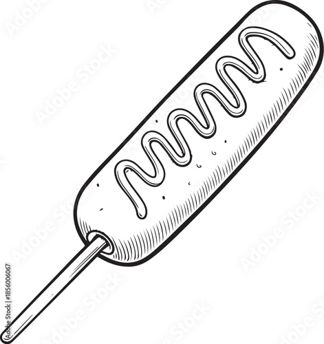 Corn dog Hand-drawn Sketch Drawing Vector Illustration, Line Linear Symbol Engraving Coloring Book, Black and White Isolated