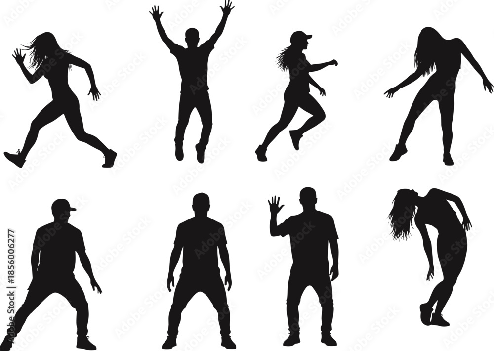 Obraz premium PrintSilhouette vector illustration of dancing people in various hip hop, street dance, and modern poses, isolated black figures on white background.Silhouette 