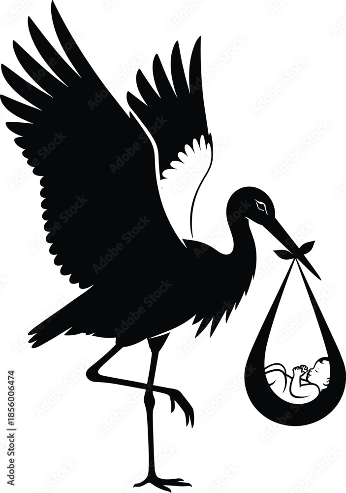 Fototapeta premium PrintStork carrying newborn baby illustration, black silhouette vector design symbolizing birth, parenthood, family, motherhood, baby shower, celebration, and new beginningsStork carrying ne