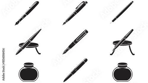 Assorted stationery items including pens and inkwells displayed on a white background