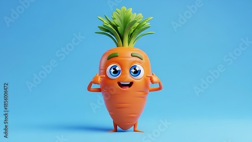 Happy 3D cartoon carrot character pointing at its eyes on a vibrant blue background.