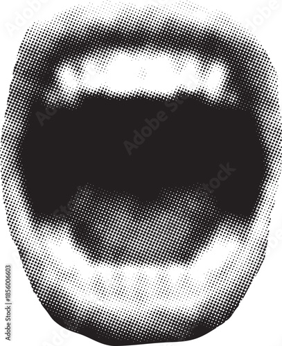 Retro Halftone Collage Elements, Vintage Grunge Punk Screaming Mouth in Dotted Pop Art Style, Vector Mixed Media Design Template