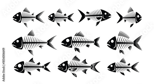 A collection of detailed black and white fish skeleton illustrations arranged in rows