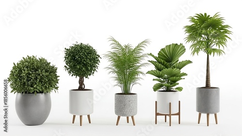 A row of five potted green plants featuring a dense bush, a topiary tree, a feathery palm, a large-leafed plant, and a tall palm in varied