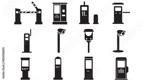 Collection of various black silhouetted toll booth icons on a white background