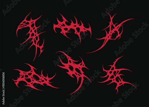 Set Succubus Y2K womb gothic tattoo. Acid Neo tribal tattoo, maori style. Cyber sigilism for streetwear, merch, t-shirt. Demon sigil in neo tribal style. Isolated vector illustration