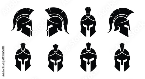Arrangement of ancient spartan helmets in a black and white grid pattern