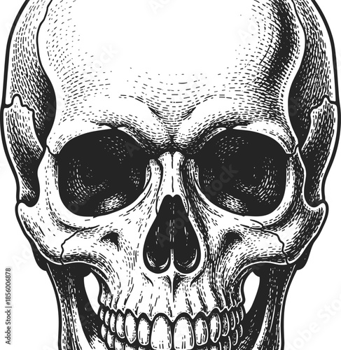 Hand drawn engraved human skull illustration with detailed vintage woodcut texture isolated on white background, anatomy art, cad drawing flat vector illustration