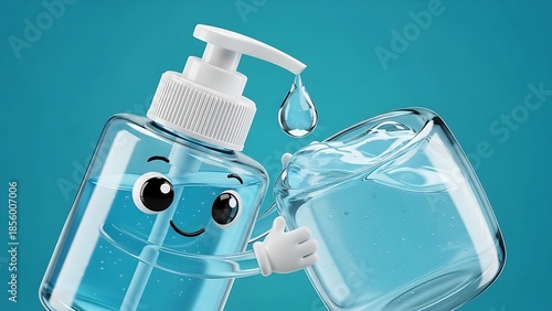 Cute cartoon hand sanitizer bottle with thumbs up gives a drop of gel on a blue background.