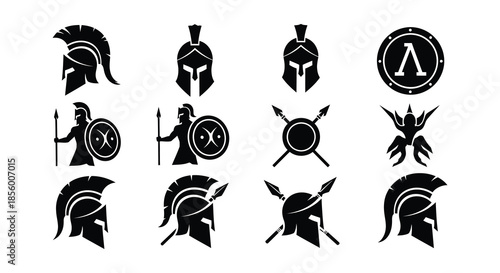 Ancient spartan warrior symbols and equipment helmets shields spears and more