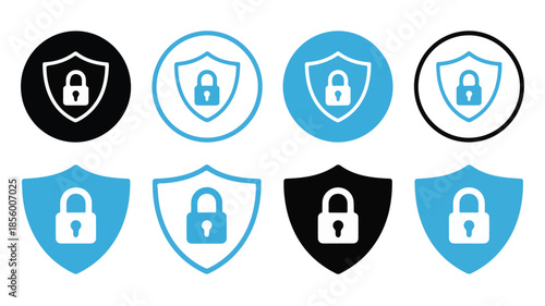 Shield lock icons in black and blue security privacy vector