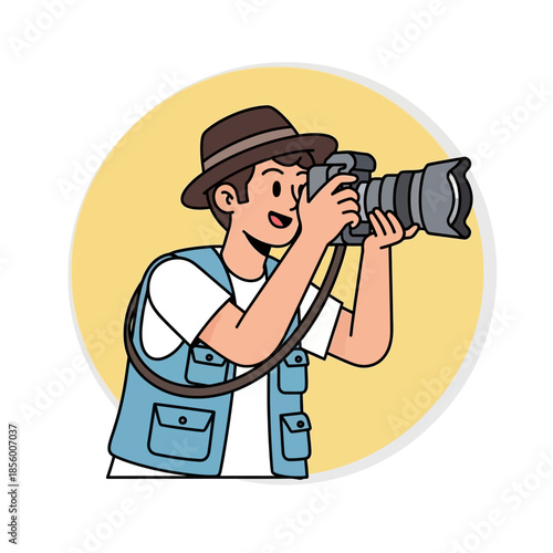 Smiling Male Photographer with Hat and Vest Capturing Moments with His DSLR Camera, Embarking on a Creative Journey of Travel and Exploration