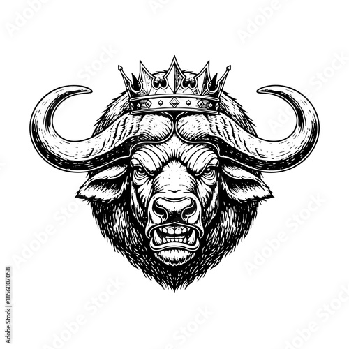 Hand Drawn Powerful Buffalo Head Wearing Royal Crown Emblem