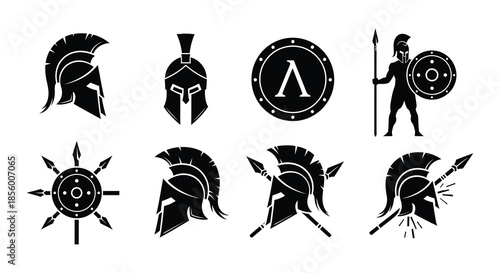 Ancient spartan warrior symbols and equipment helmets shields spears and more