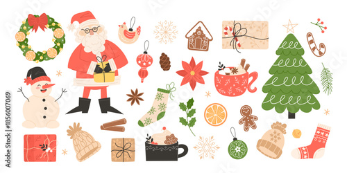 Christmas elements set with  Santa Claus and decorations