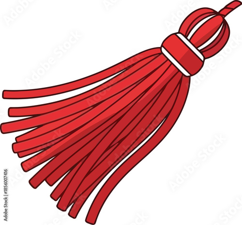A vibrant red tassel with a white string tied around its center, symbolizing good luck and prosperity during Chinese / Lunar New Year