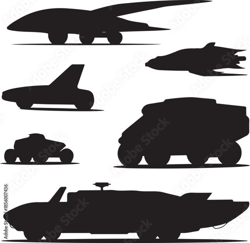 Futuristic vehicle and spacecraft silhouette collection isolated on transparent background