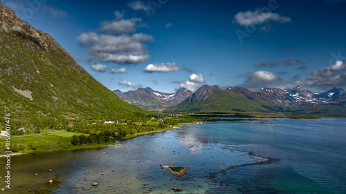 Coastal Landscape In Aerial View With Fjord And Snowy Mountains On Lofoten Islands In Norway