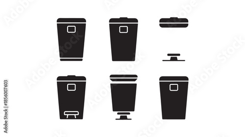 Collection of Trash Cans and Lids in Various Views Illustrated