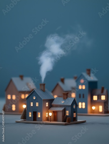 A tranquil miniature town at dusk with cozy lights and a gentle haze of smoke, inviting viewers to a charming and serene escape.