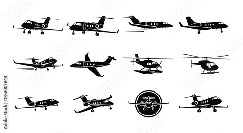 Collection of various aircraft silhouettes jets planes and a helicopter