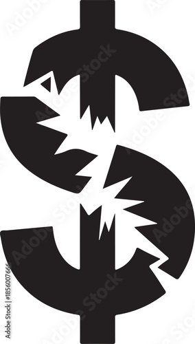 Broken Dollar Symbol Silhouette, Financial Crisis Black and White Vector Illustration