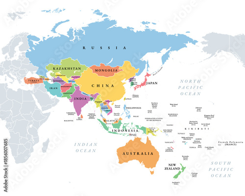 Asia-Pacific region, multi colored political map of the Indo-Pacific. Countries and territories of a major geopolitical and economic region of the world, adjoining the western Pacific Ocean. Vector