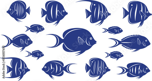 Blue fish silhouettes collection isolated on white, tropical marine aquatic animals set, decorative ocean wildlife vector illustration for design projects