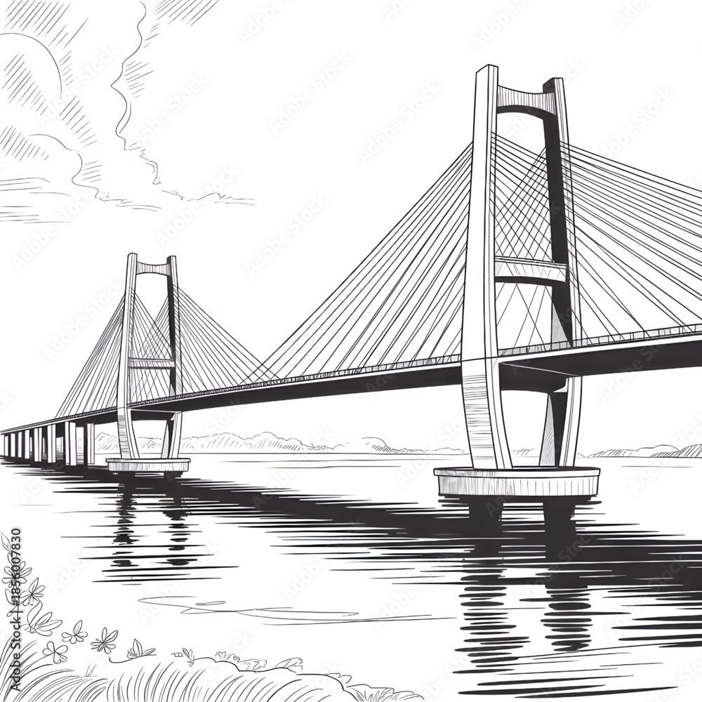 Fototapeta premium Contemporary Bridge Over Water Perspective Sketch Design