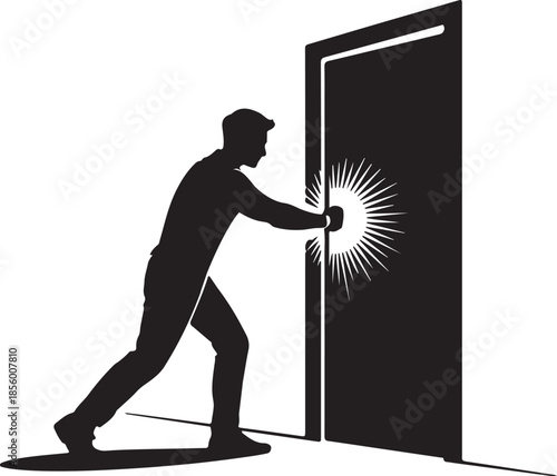 Man Forcefully Closing Door Silhouette, Black and White Vector Illustration