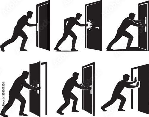 Set of Man Forcefully Closing Door Silhouette, Black and White Vector Illustration