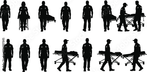 Paramedic silhouettes, emergency medical scene, stretcher transport poses, patient care, teamwork in crisis, hospital response, vector art, healthcare concept