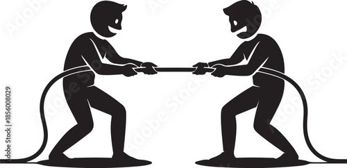 Stick Figure Men Playing Tug of War Silhouette, Black and White Vector Illustration