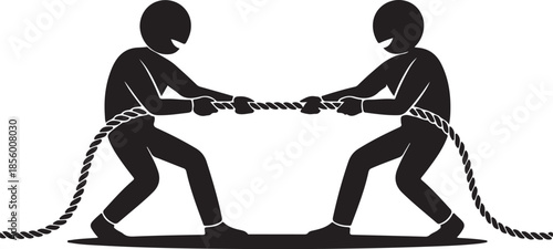 Stick Figure Men Playing Tug of War Silhouette, Black and White Vector Illustration