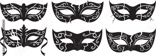 Set of Ornate Broken Masquerade Mask Silhouette, Black and White Vector Illustration