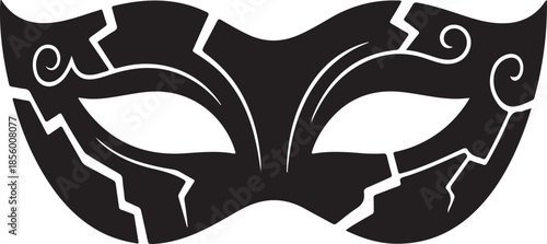 Ornate Broken Masquerade Mask Silhouette, Black and White Vector Illustration
